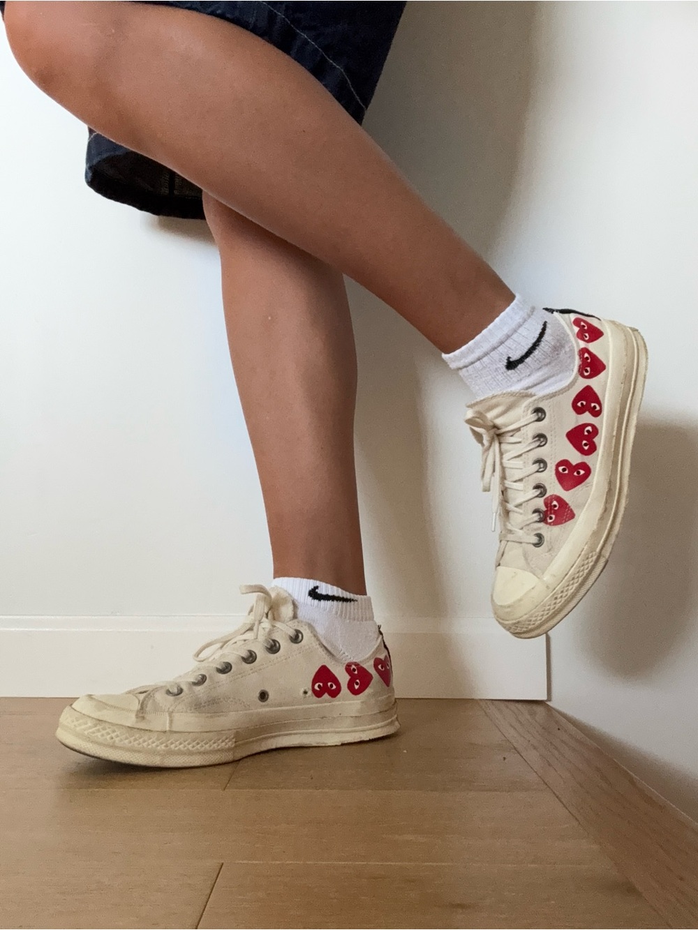 Comme des Garcons PLAY Ivory Low-Top Sneakers with Red Heart Logos